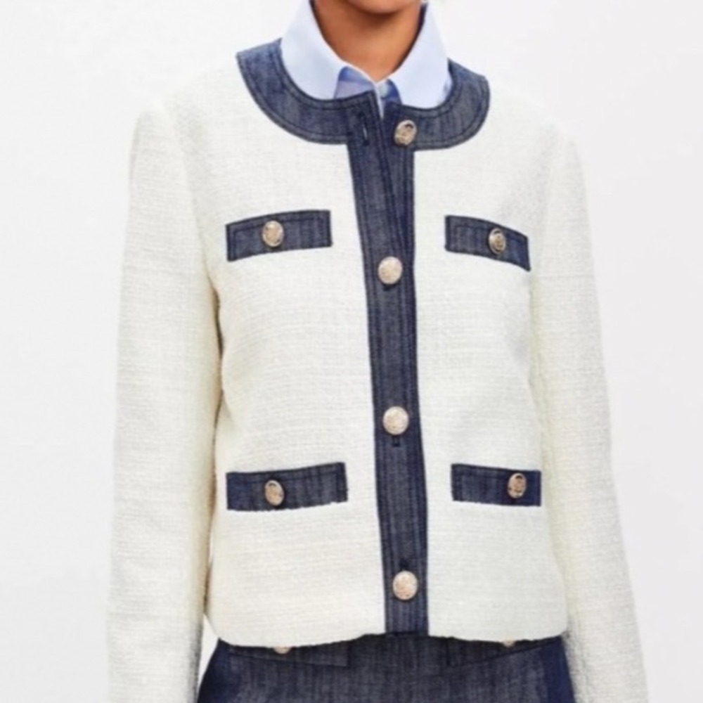 LOFT Ivory Woven Cotton Denim Trim Preppy Tweed Jacket Women's Size Large NEW